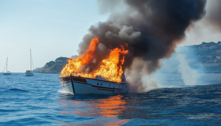 A boat on fire on the water, understanding fire safety on boats concept. 