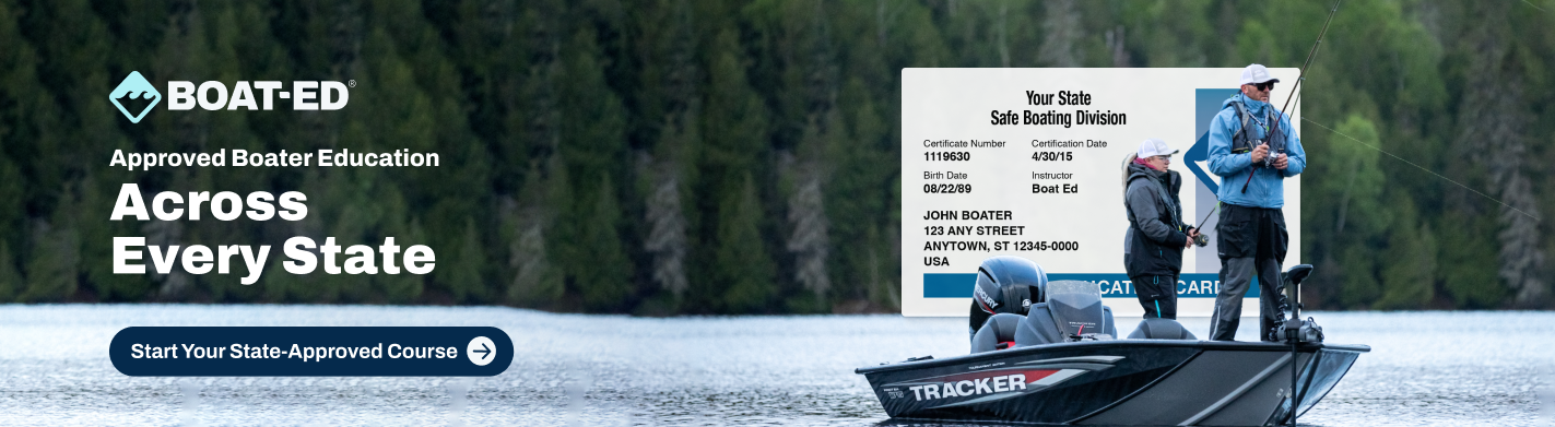 Graphic as CTA with text approved boater education across every state, National Safe Boating Week concept. 