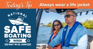 Graphic showing National Safe Boating Week and the tip to wear a life jacket.