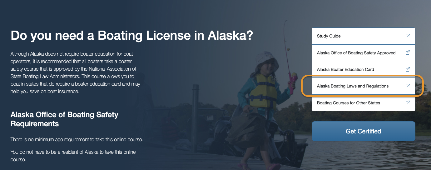 Screenshot of the Boat-Ed state regulations button, boating questions and answers concept. 