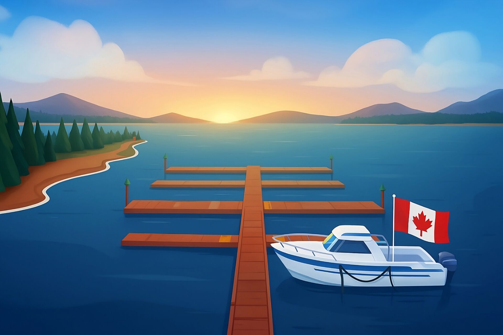 Illustration of a boat at a dock with Canadian flag, Boat-Ed boater safety course for Canada.