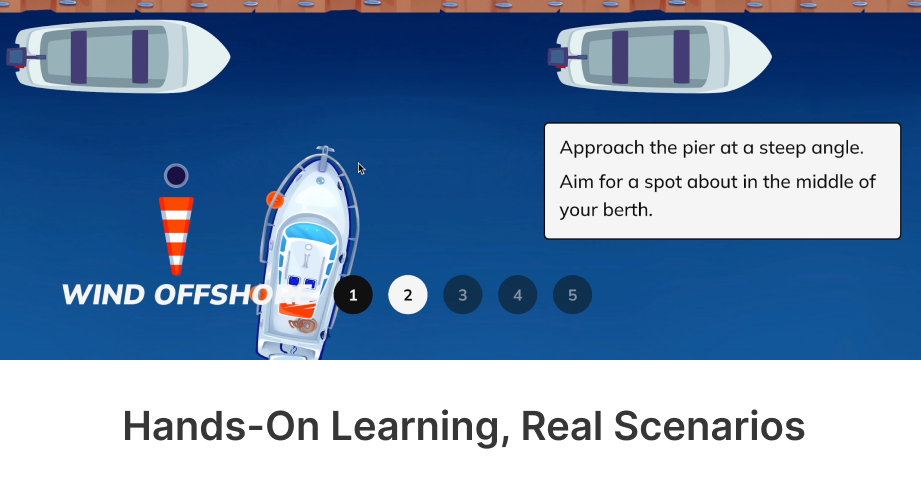 Illustration and text "hands on learning real scenarios", interactive boater safety course concept. 