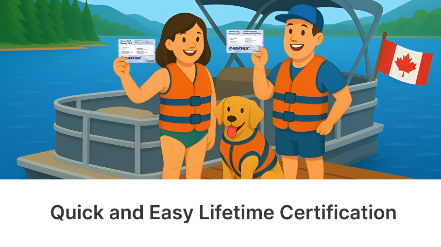 Illustration showing boaters with boater cards and text "quick and easy lifetime certification"