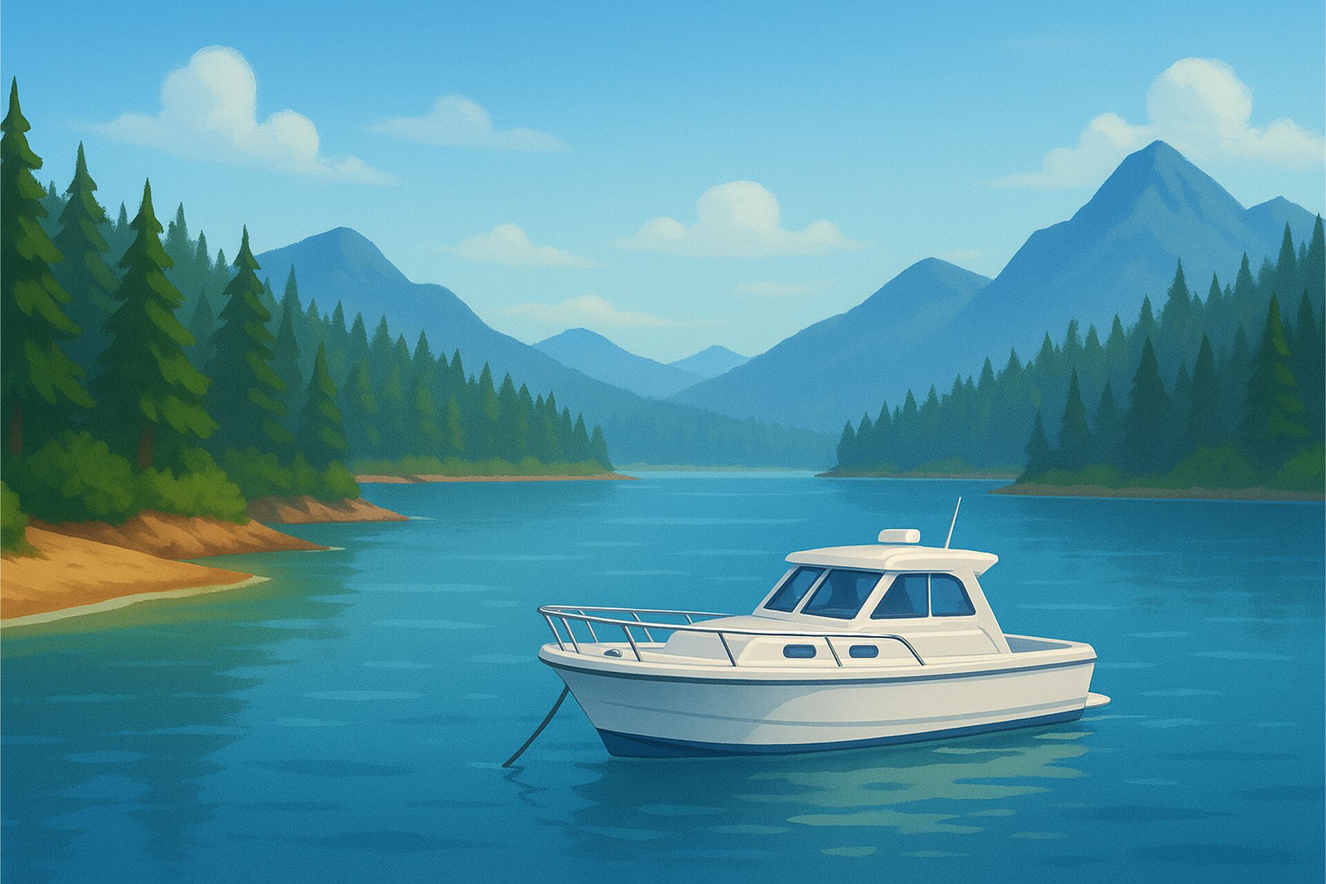 Illustration of a boat anchored in a lake, boater safety education course concept. 