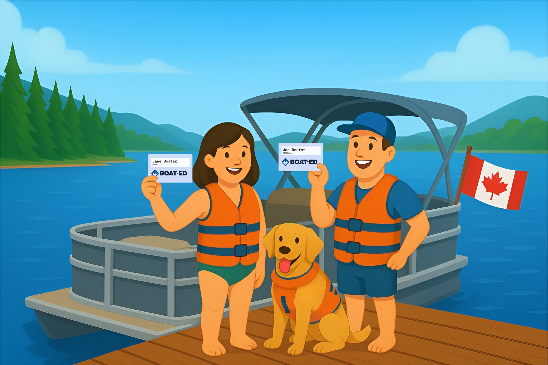 Illustration of boaters on a dock holding boater education cards. 
