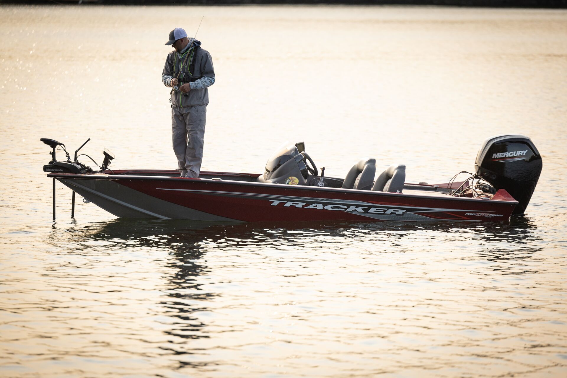 Angler fishing from a bass boat. 