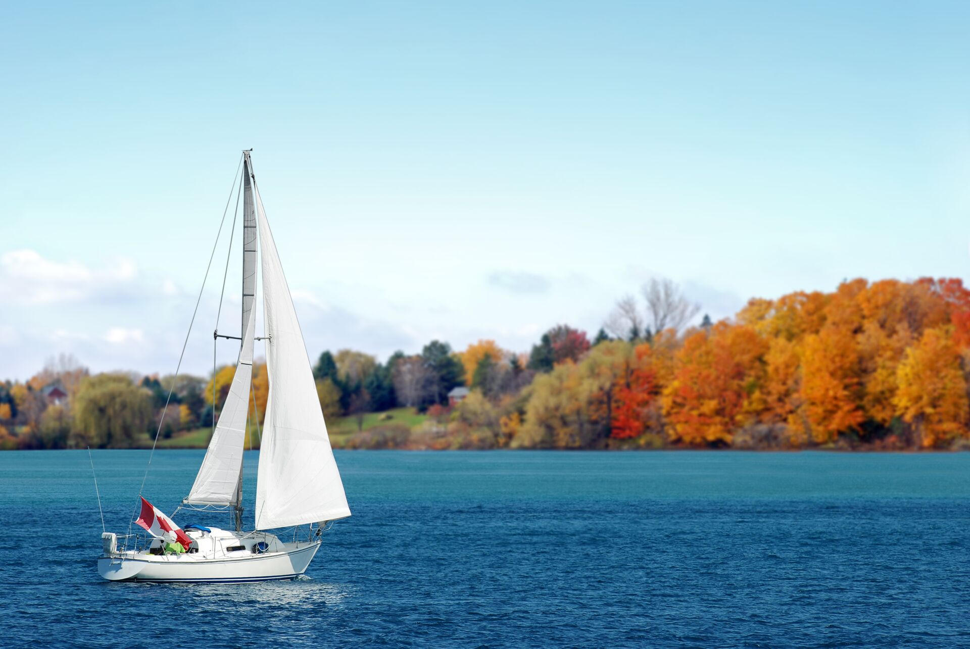 A sailboat on the water flying a Canadian flag, how to get your boating license in Ontario concept. 
