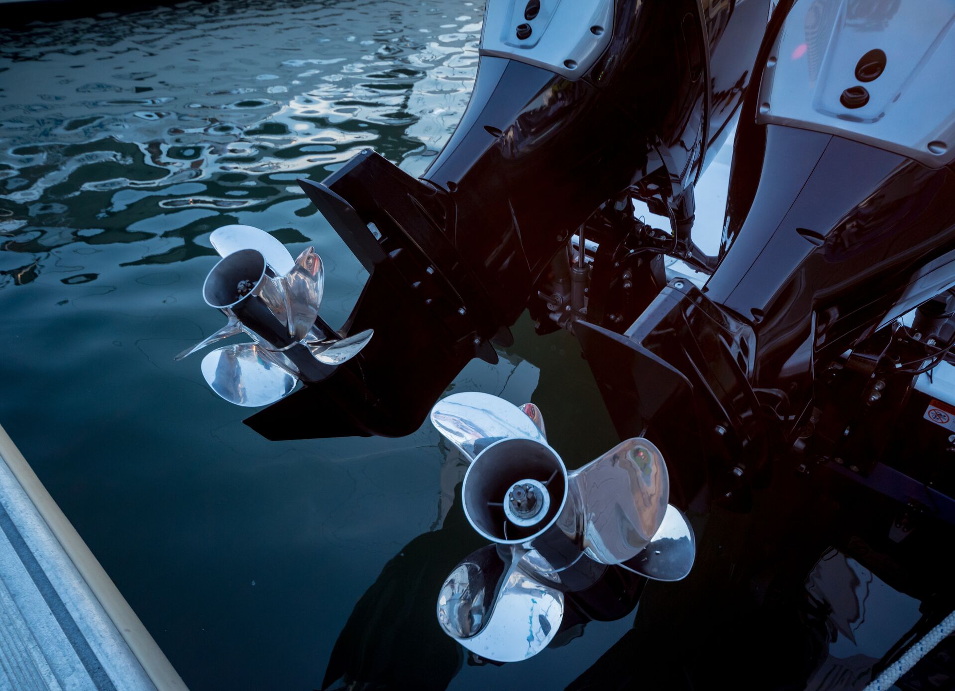 Close-up of boat propellers, avoid boat propeller strike concept. 