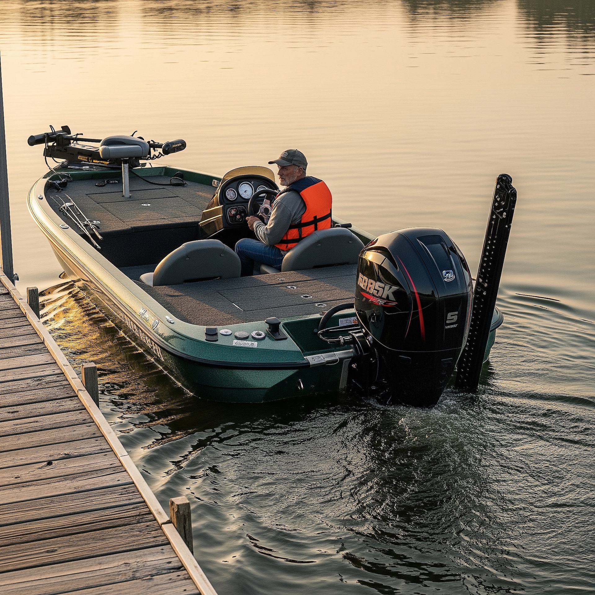 Man in small boat leaves dock, casting off with wind away from dock concept. 