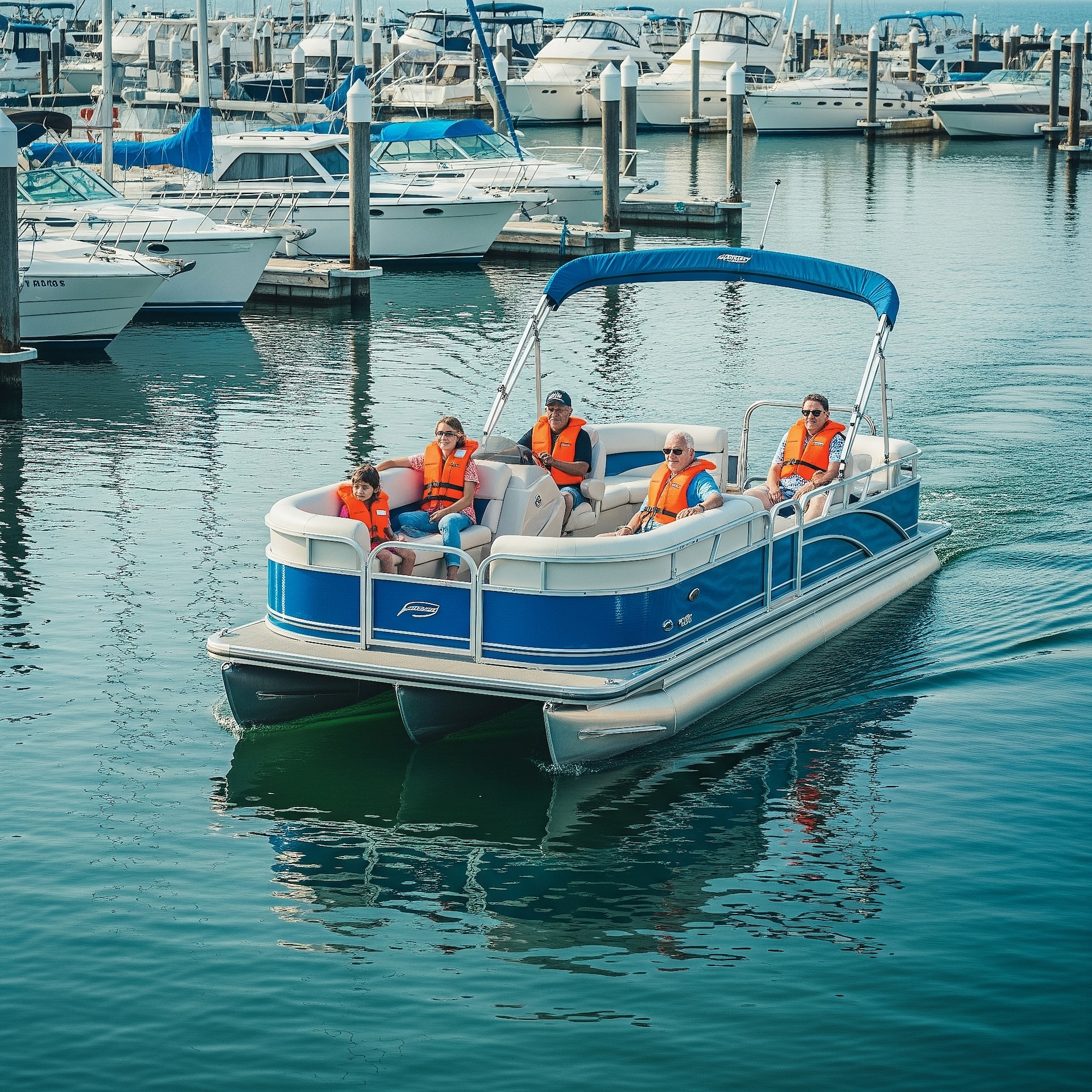 People in pontoon boat leaving dock. 