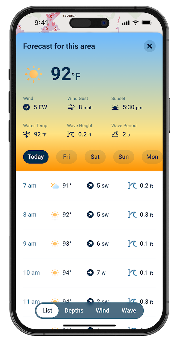 Illustration of the Wavve Boating app weather function on a phone screen. 