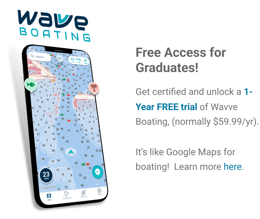 Graphic showing a one-year free trial of Wavve Boating for Boat-Ed course completions. 