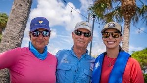 Three smiling people wearing sunglasses, know boating laws concept.