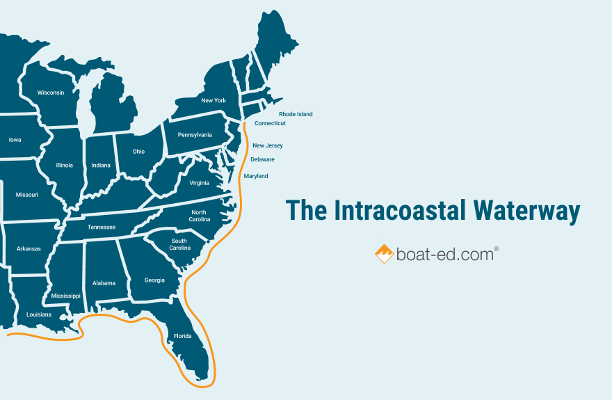 Illustration showing a map of the Intracoastal Waterway, intracoastal waterway map. 