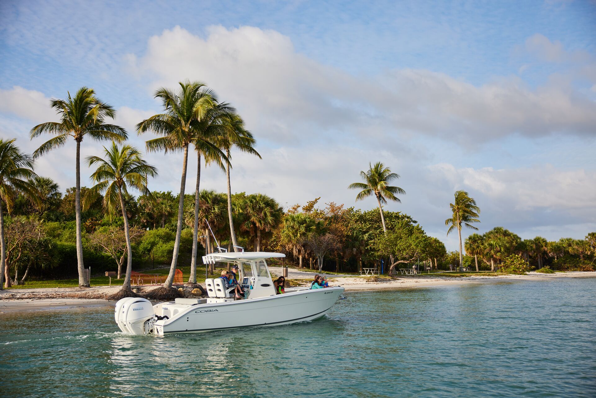 Boat traveling along coast, boating ICW routes concept. 