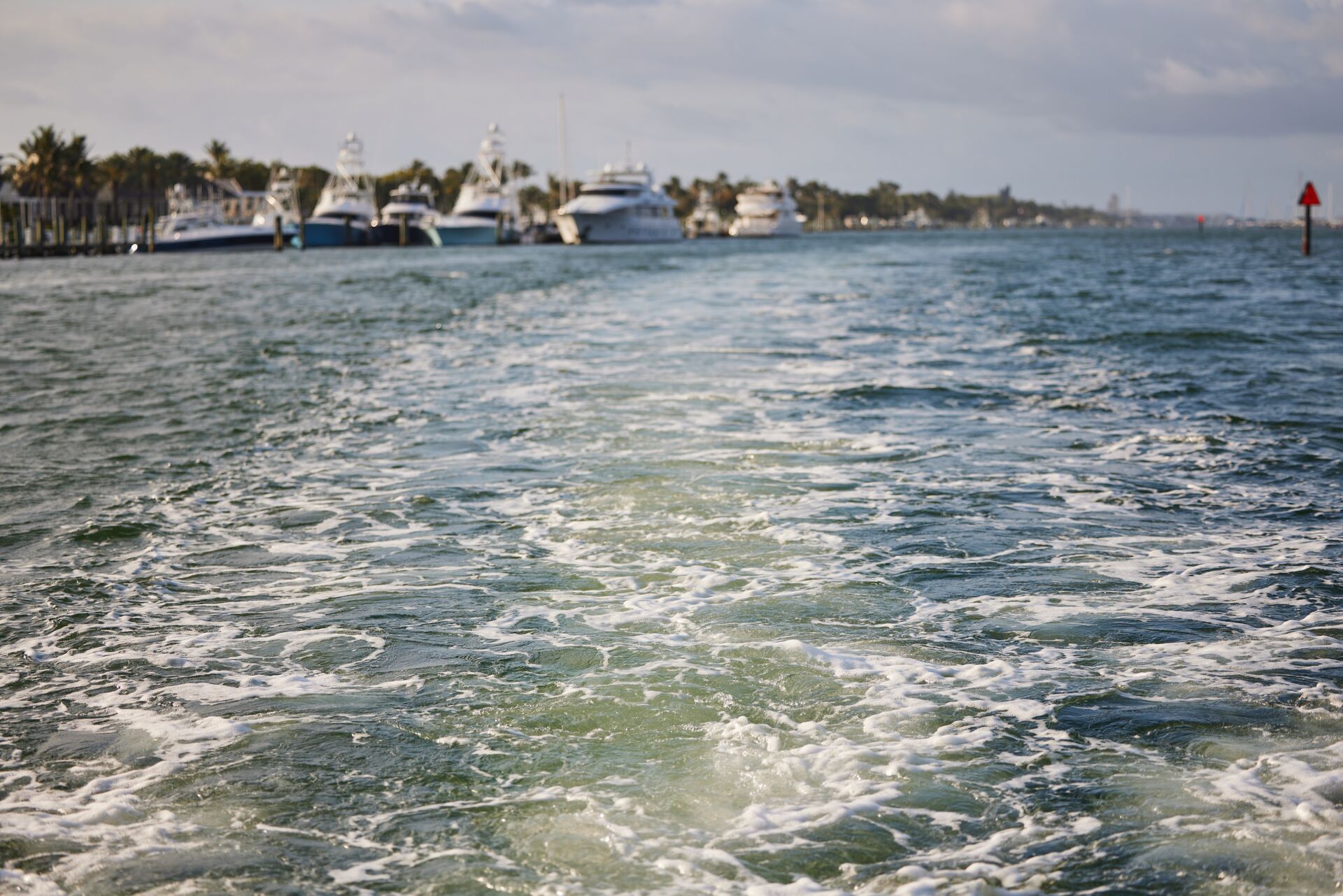 View from the back of a moving boat, represents the Intracoastal Waterway.