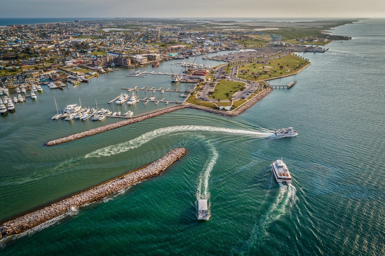 Aerial view of boats and a busy marina, boating season safety concept. 