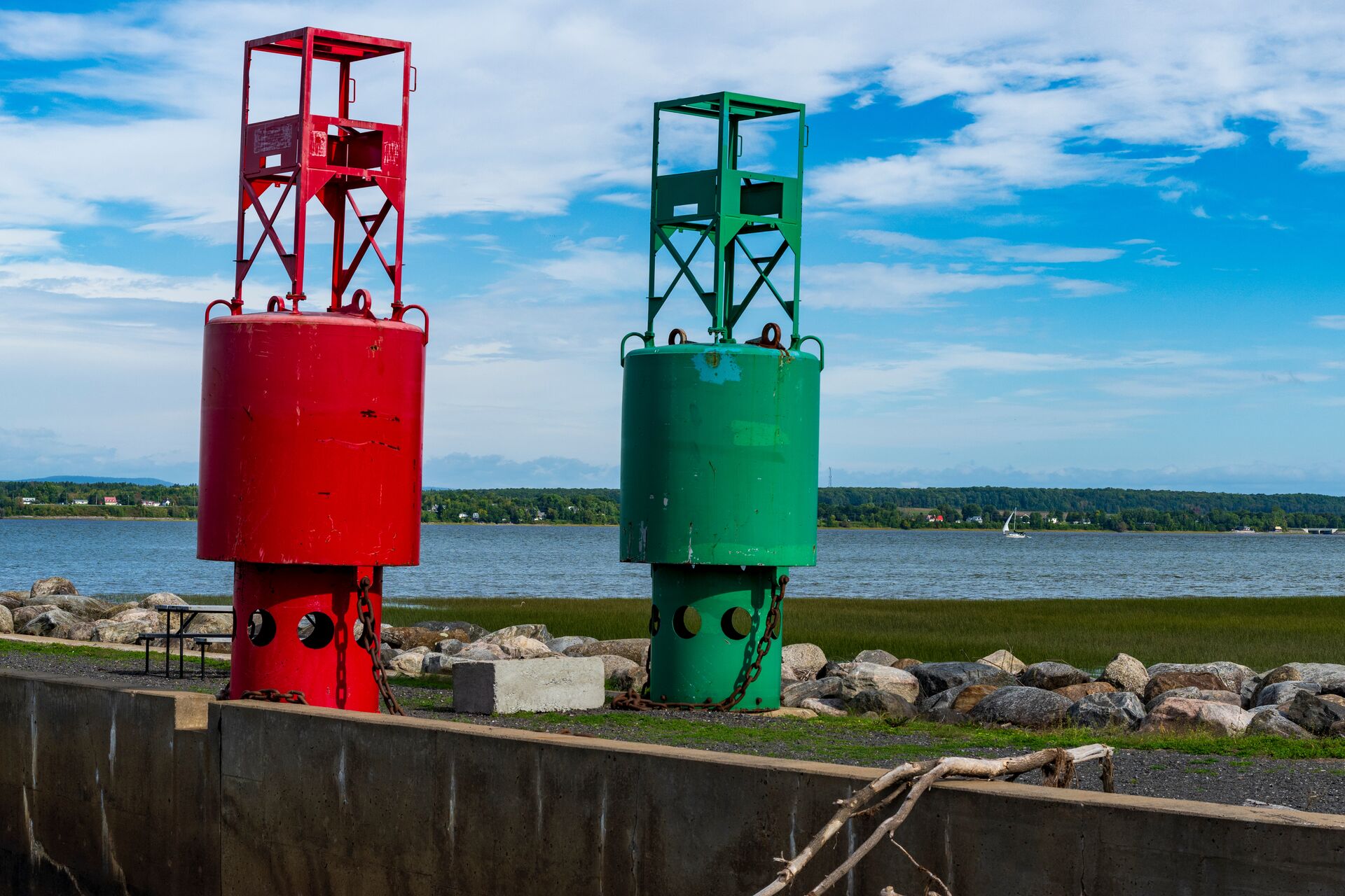 Red and green waterway markers, red right returning concept. 