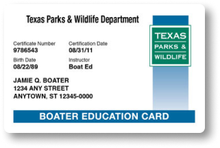 Image of the Texas boater education card. 