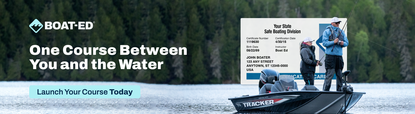 Horizontal illustrated CTA with text "one course between you and the water."