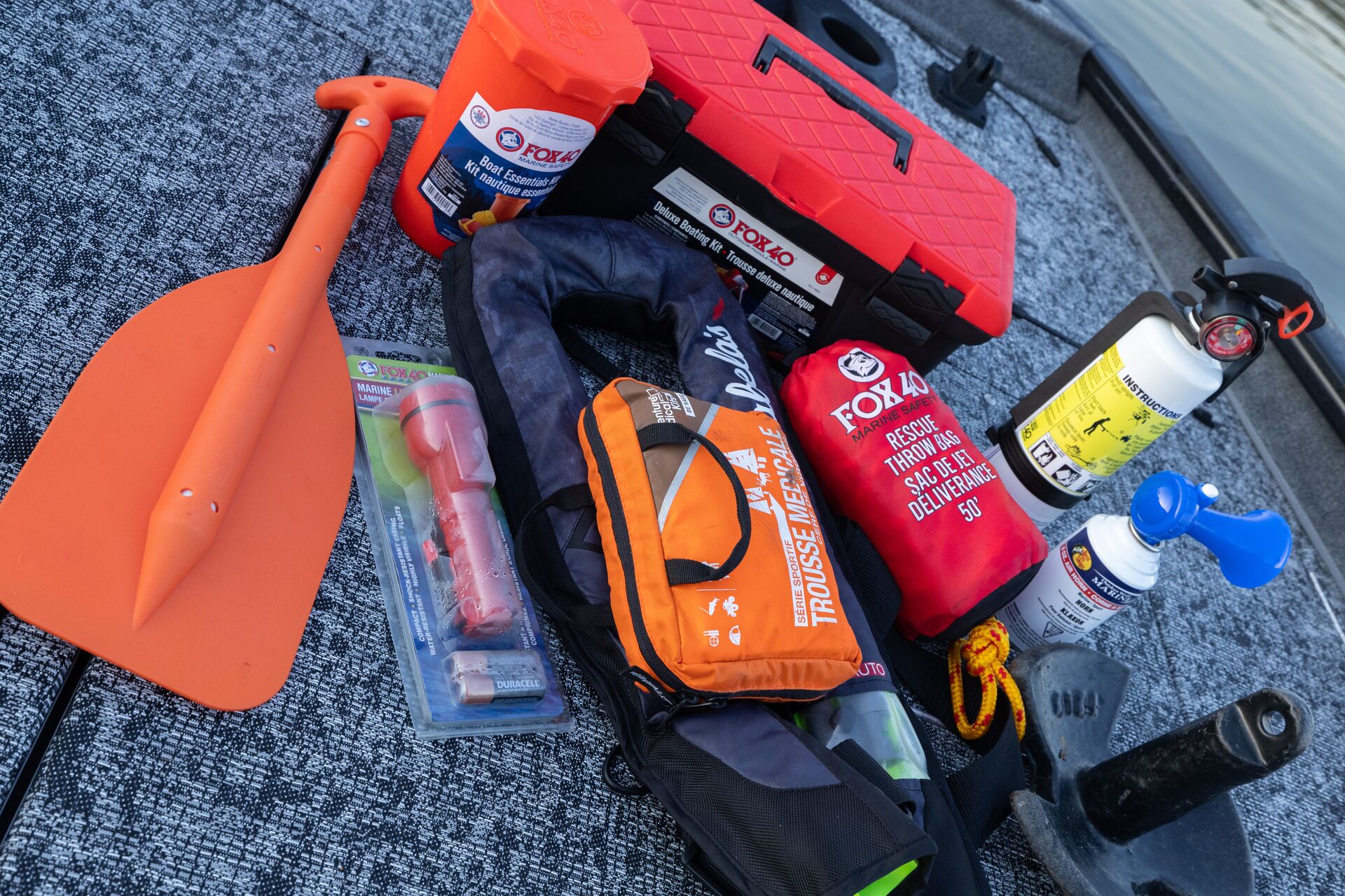 Several boating safety items, follow Minnesota boating law concept. 