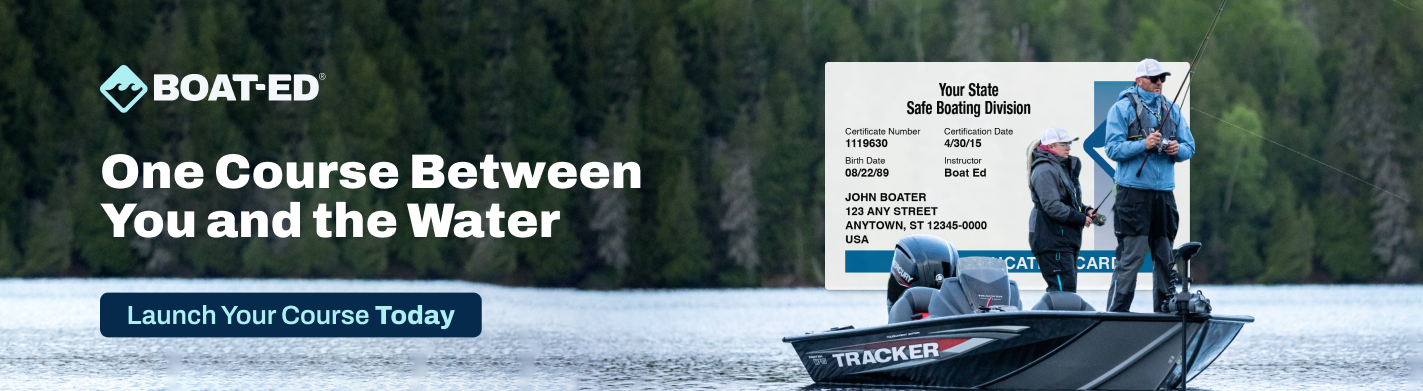 Graphic with text "one course between you and the water," get a boating license in Michigan concept. 