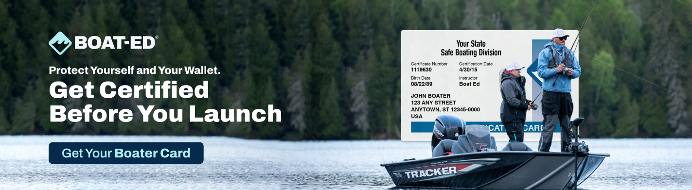 Horizontal CTA with text get certified before you launch, do you need a boating license in Michigan concept. 