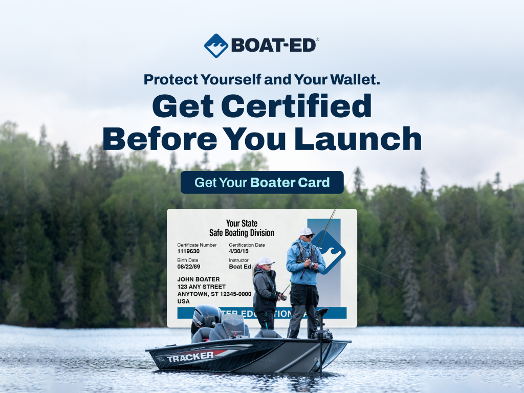 Square graphic with text get certified before you launch, Michigan boating license concept. 