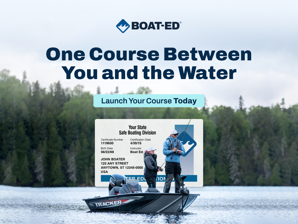 Square image as CTA with text one course between you and the water, Georgia boating license concept. 