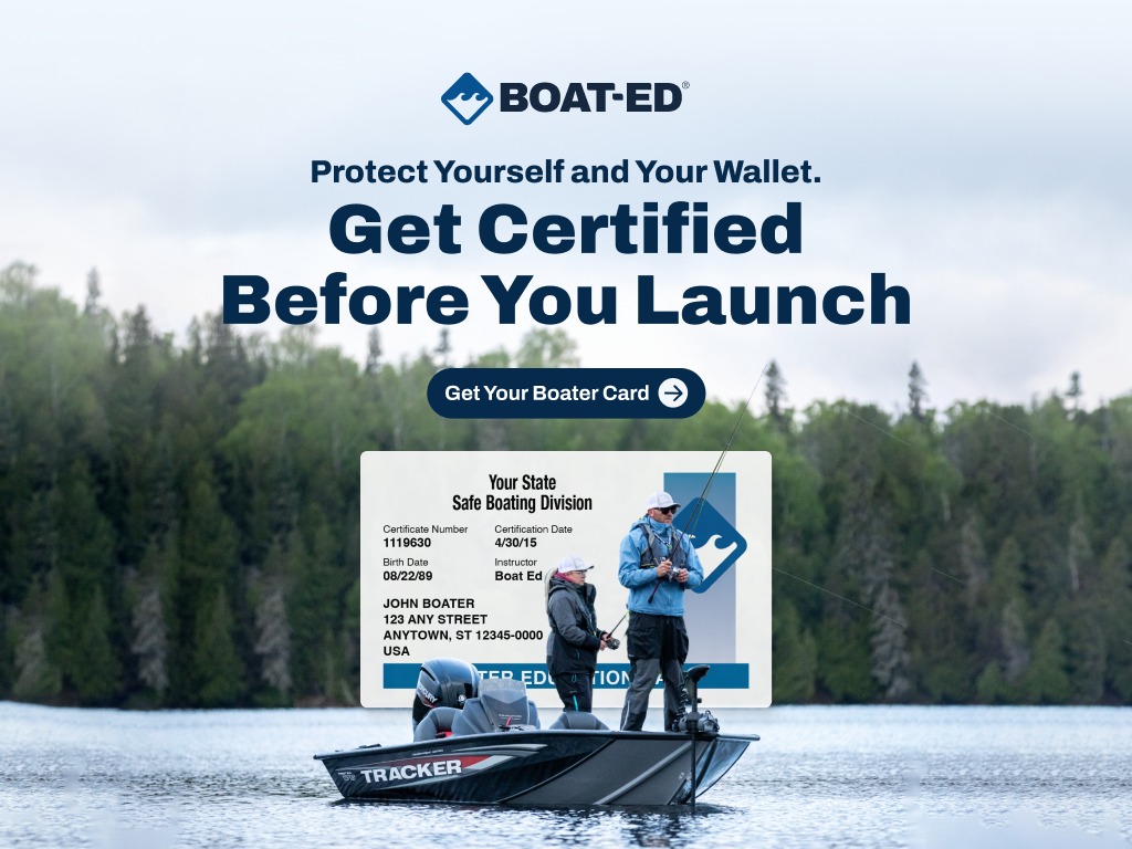 Square illustrated CTA with text get certified before you launch, boating license in California concept.