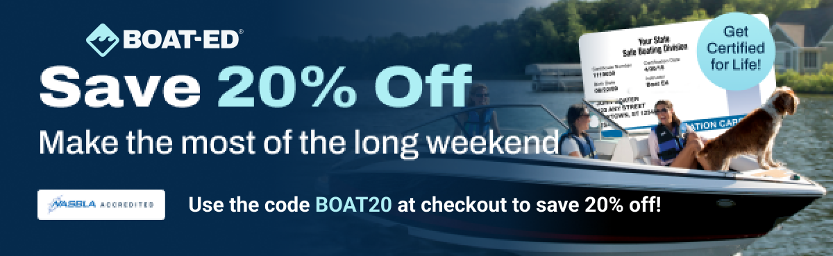 Image with text to save 20% on Boat-Ed course, Memorial Day boating safety concept. 