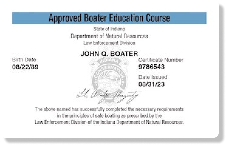 Illustration of the Indiana boater education card, Indiana boating license concept.