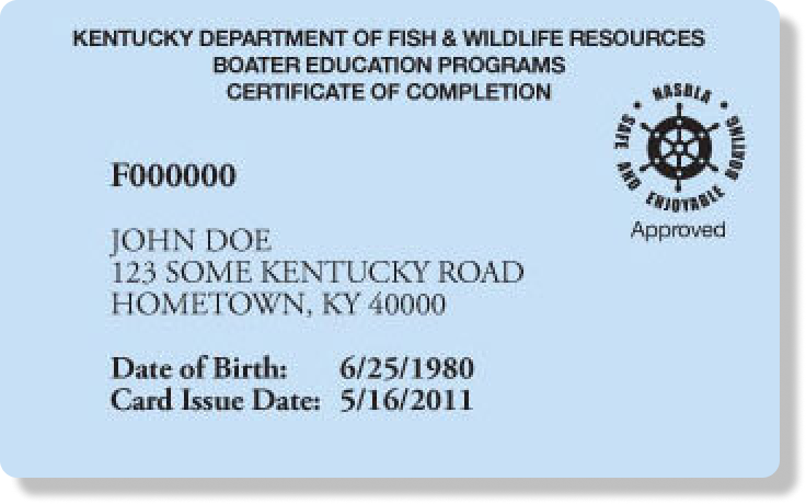 Illustration of the blue Kentucky boater education card, get a boating license in Kentucky concept.