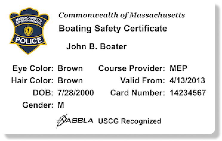 Illustration of the Massachusetts boater education card, get a MA boating license concept. 