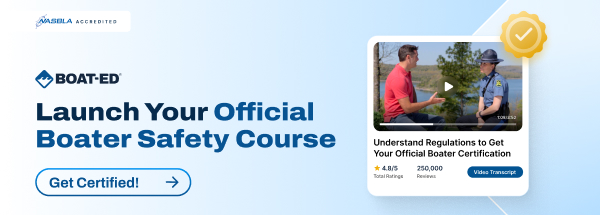 Graphic with text launch your official boater course, how to get your PA boating license concept. 