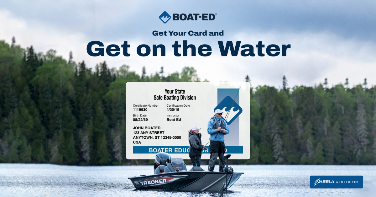 Image with text get your card and get on the water, how to get your VA boating license concept. 