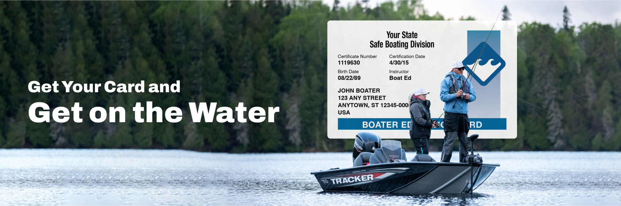 Image with text get your card and get on the water, how to get your Washington boating license concept. 