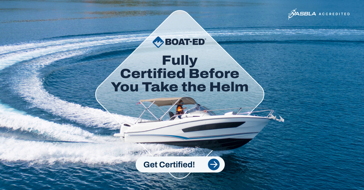 Image with text fully certified before you take the helm, how to get your Alabama boating license concept. 