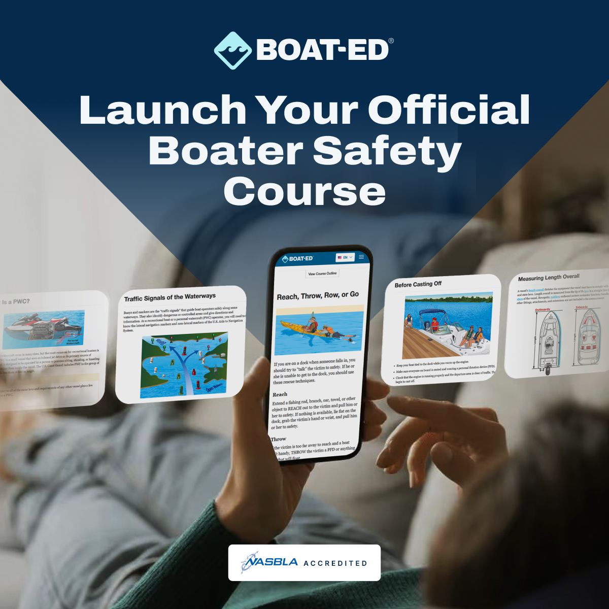 Graphic with text launch your official boater course, you need a New York boating license concept. 