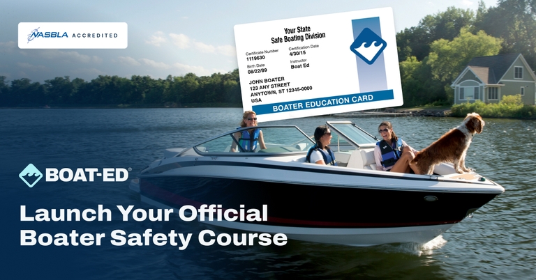 Image with text launch your official boater safety course, minimum age for California boating license concept.