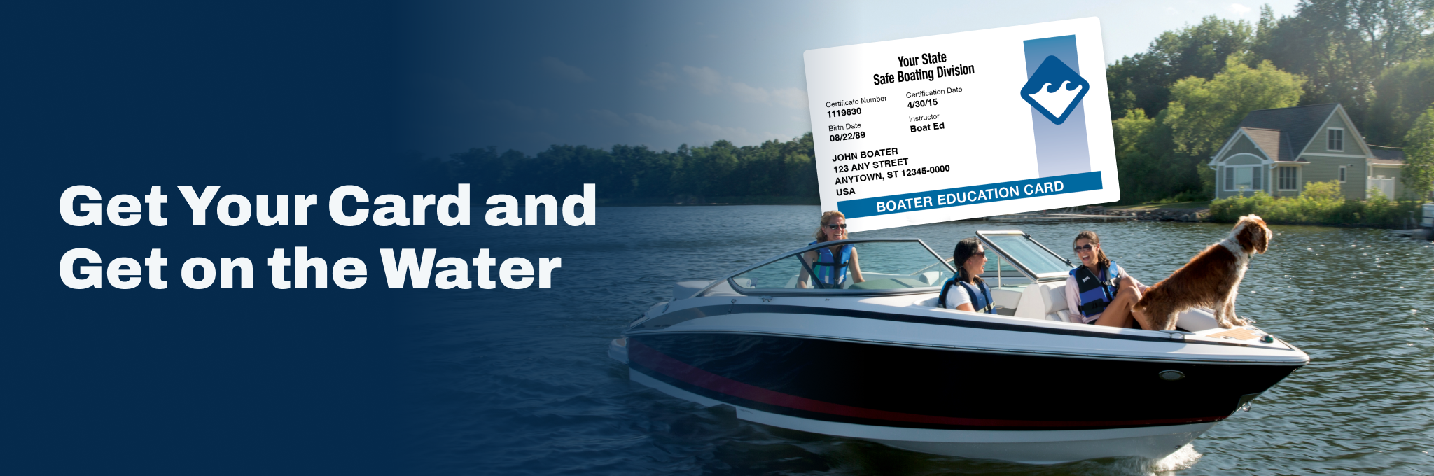 Image with text get on the water, minimum age for Texas boating license concept. 