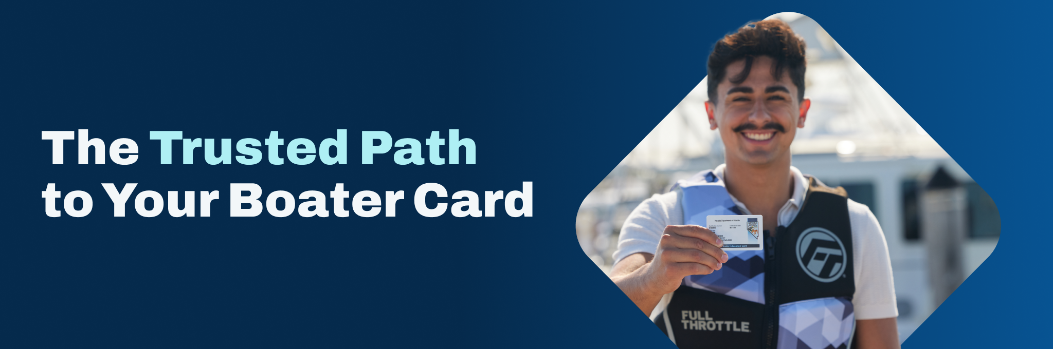 Image with text trusted path to your boater card, minimum age for Wisconsin boating license concept. 