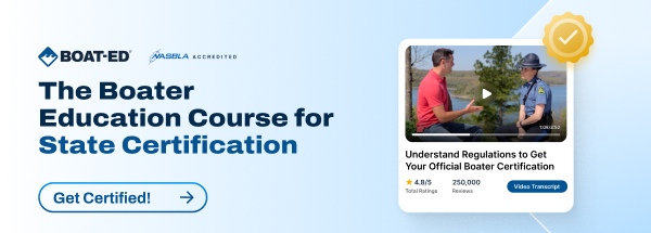 Graphic CTA with text the boater education course for state certification, do you need a boating license in Maine concept.