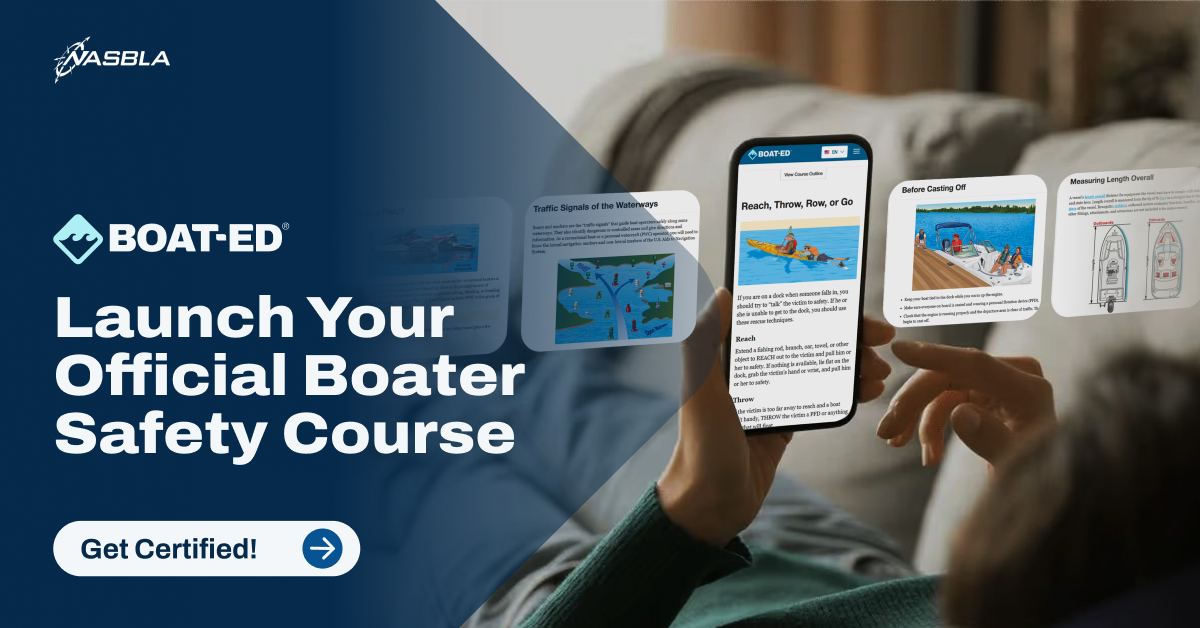 Graphic with text launch your official boater course, you need a Wisconsin boating license concept.