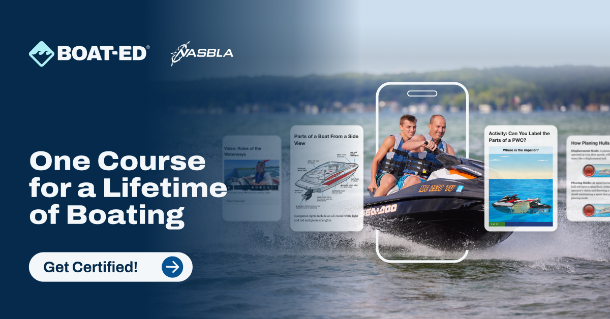 Image with text one course for a lifetime of boating, how long does Wisconsin boater safety take concept.