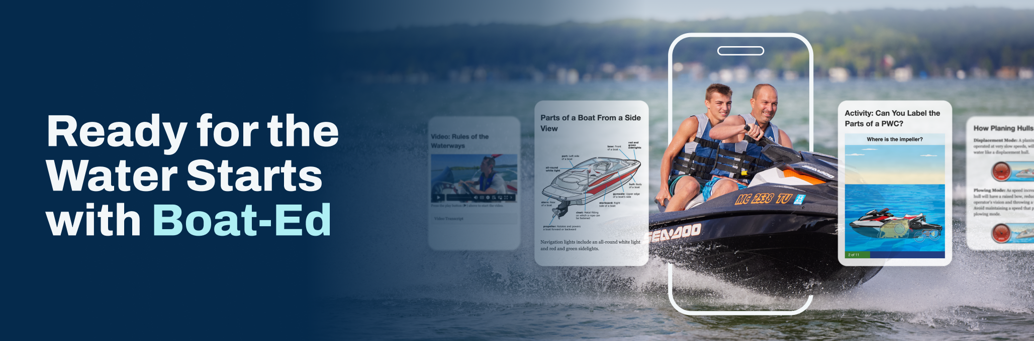 Image with text ready for the water starts with Boat-Ed, how long does Alabama boater safety take concept. 