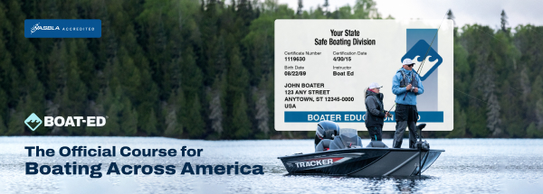 Graphic with text the official course for boating across America, how to get your Georgia boating license concept.