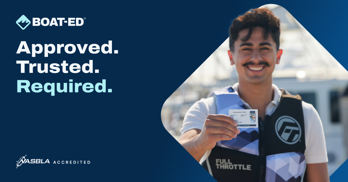 Illustrated graphic with text approved, trusted, required, boating license vs boater education card concept.