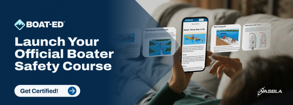 Illustrated CTA with text launch your official boater education course, is Boat-Ed official accredited concept.