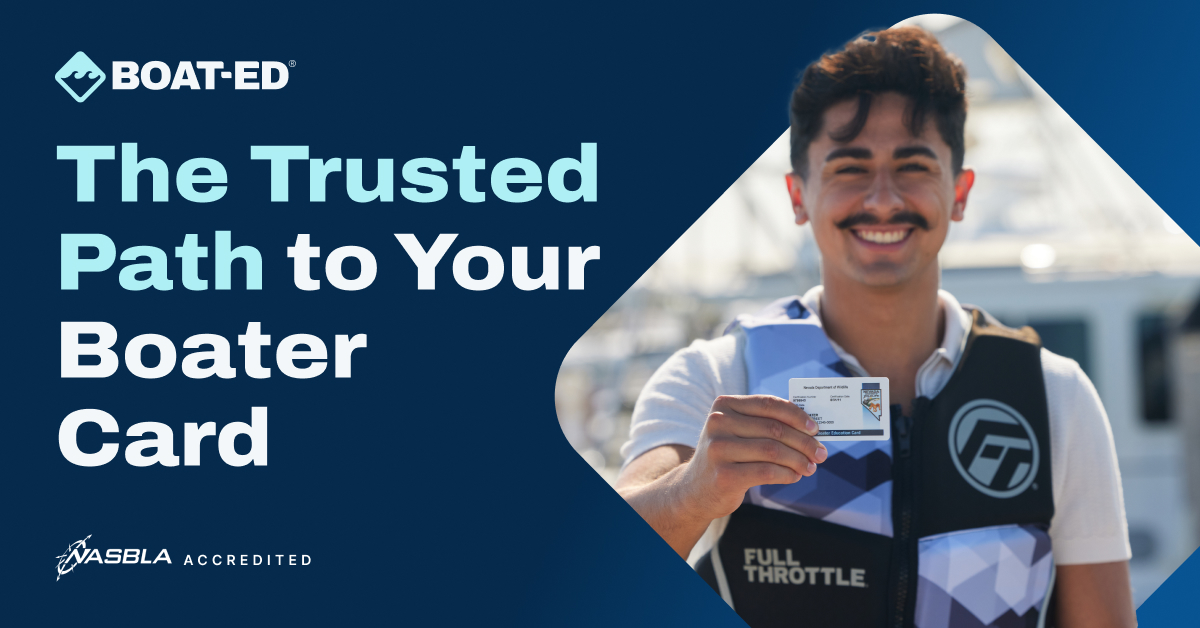 Illustrated graphic with text the trusted path to your boater card, is Boat-Ed official accredited concept.